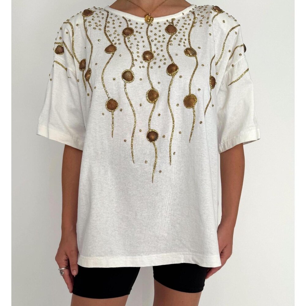 80s white gold seashell embellished funky retro beach vacation cotton tee shirt